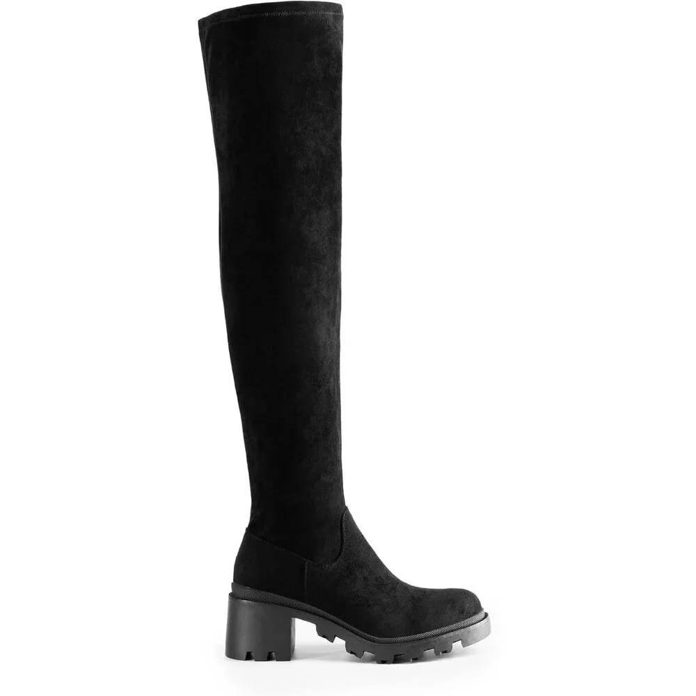Women's Black-suede Faux Leather Knee High Over The Knee High Chunky Heel Boots